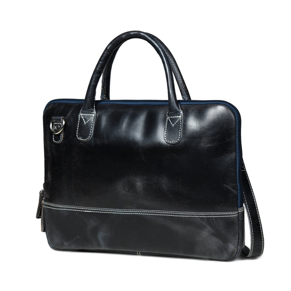 Modernist Leather Laptop Bag - Dark Blue/Brown/Dk Brown